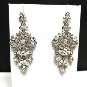 Rhinestone Dangle Post Earrings, Silver Tone Clear and Aurora Borealis, 2 Inches